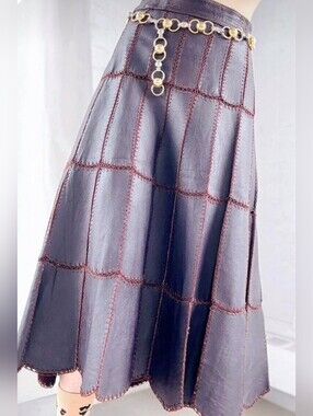 Vintage Dark Maroon/ Oxblood Leather Patchwork A-Line Skirt